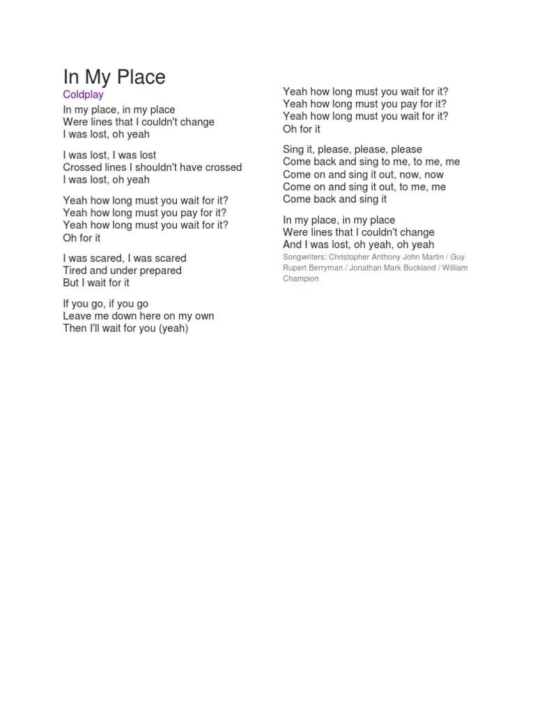 In My Place Coldplay PDF Songs Songs Written