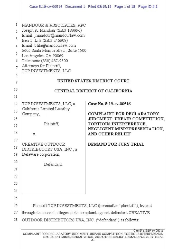 TCP Investments v. Creative Outdoor Distribs. Complaint PDF Tortious Interference Complaint