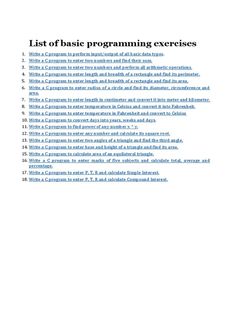 C Programming Exercises PDF Area Elementary Mathematics