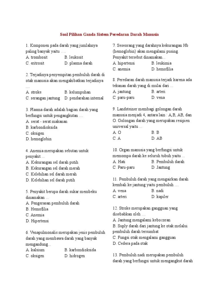Soal Pilihan Ganda Sistem Peredaran Darah Manusia | PDF