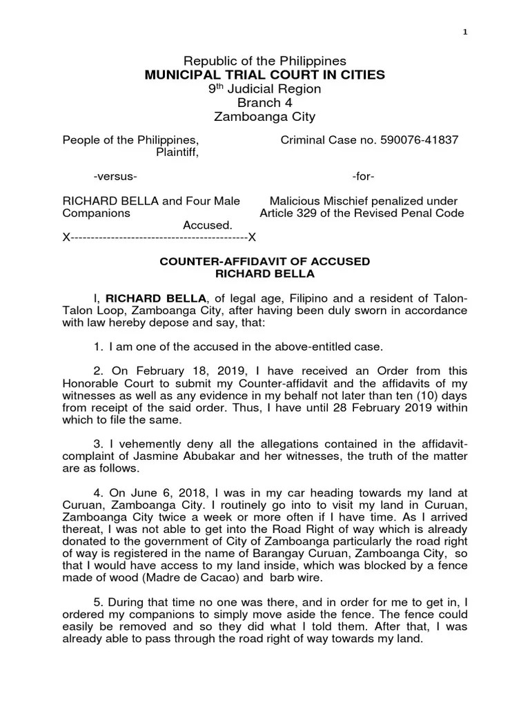 CounterAffidavitOn Malicious Mischief PDF Criminal Law Justice