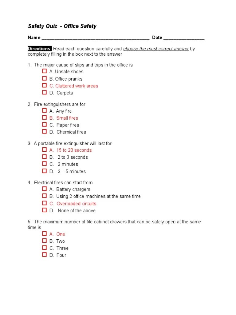 Safety Quiz Office Safety Answer Key Nature