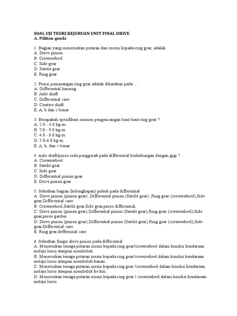 Soal Uji Teori Kejuruan Unit Final Drive | PDF