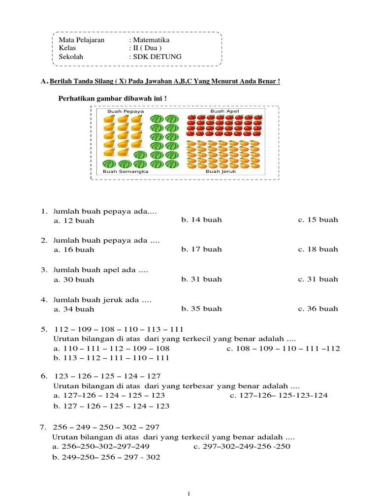 Soal Matematika Kelas 2 SD Bab 1 Bilangan Cacah Dan Kunci
