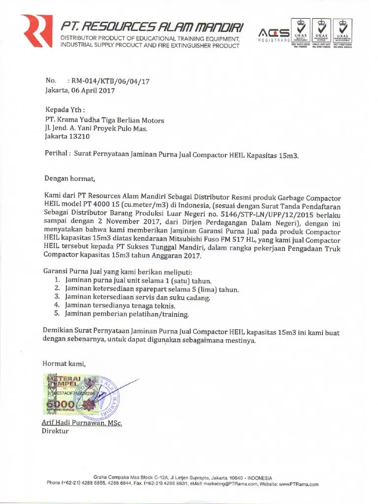 18 Contoh Surat Garansi Purna Jual 