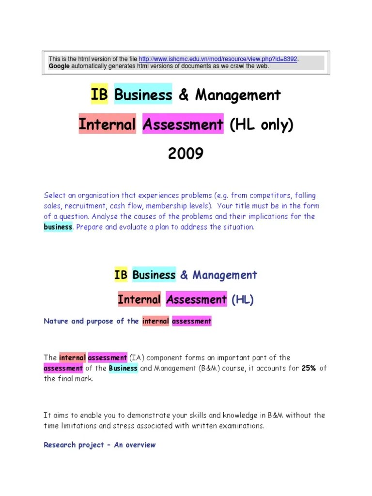 IB Business IA HL PDF Evaluation Theory