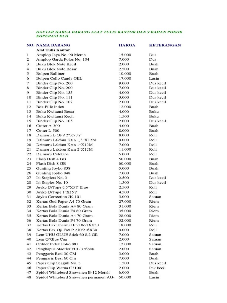 Daftar Harga Barang Alat Tulis Kantor Dan 9 Bahan Pokok Koperasi KLH | PDF