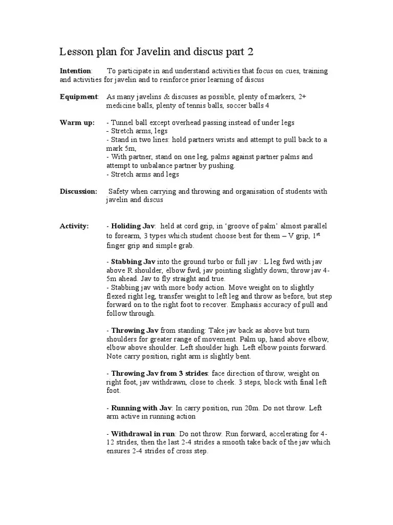 Lesson Plan For Javelin and Discus Part 2 Intention PDF Elbow Arm