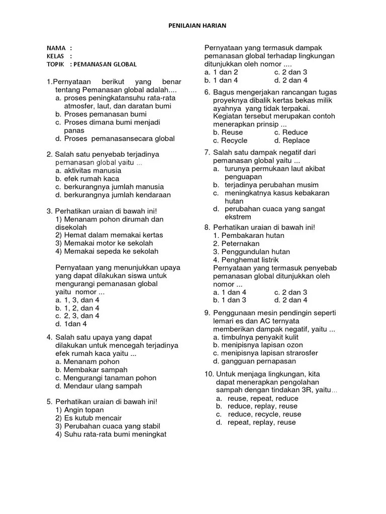 Soal Ulangan Pemanasan Global