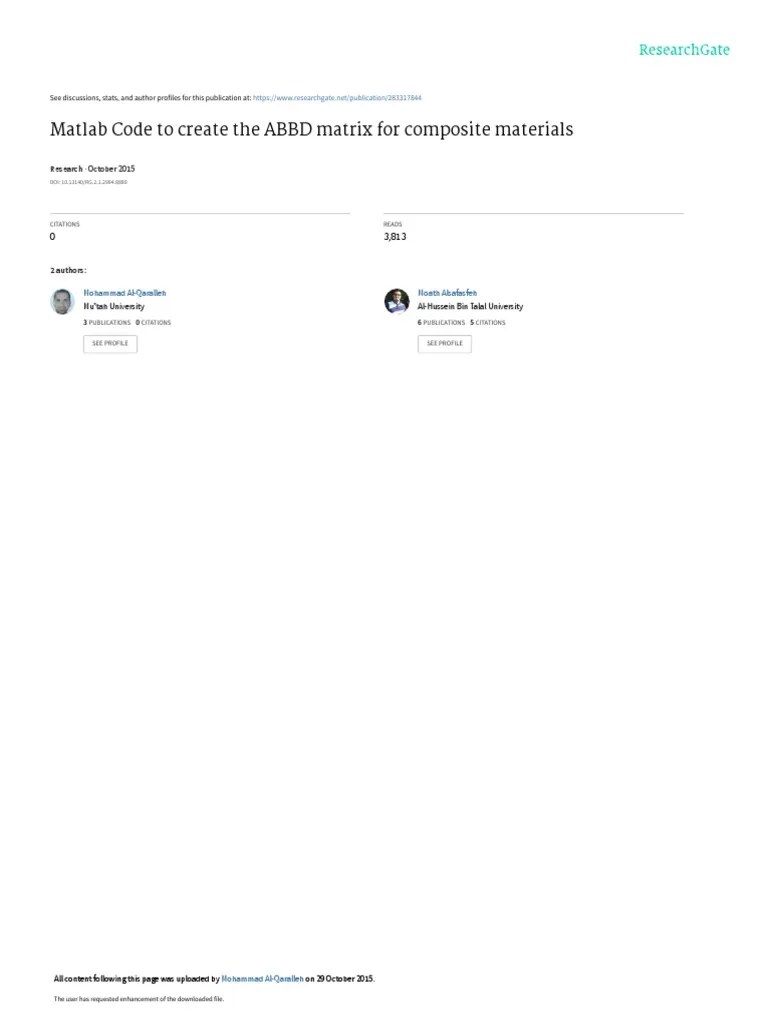 Matlab Code To Create The ABBD Matrix For Composite Materials PDF