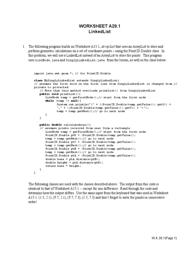 Worksheet AB29.1 LinkedList PDF String Science) Programming Paradigms