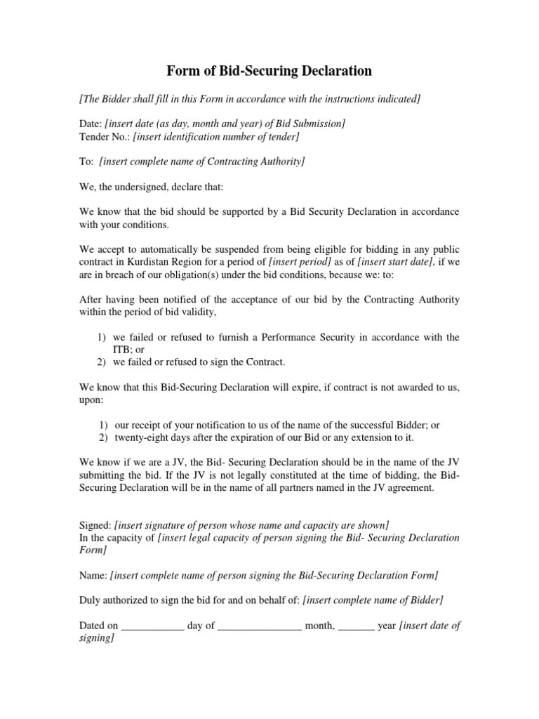 Bid Securing Declaration Form PDF
