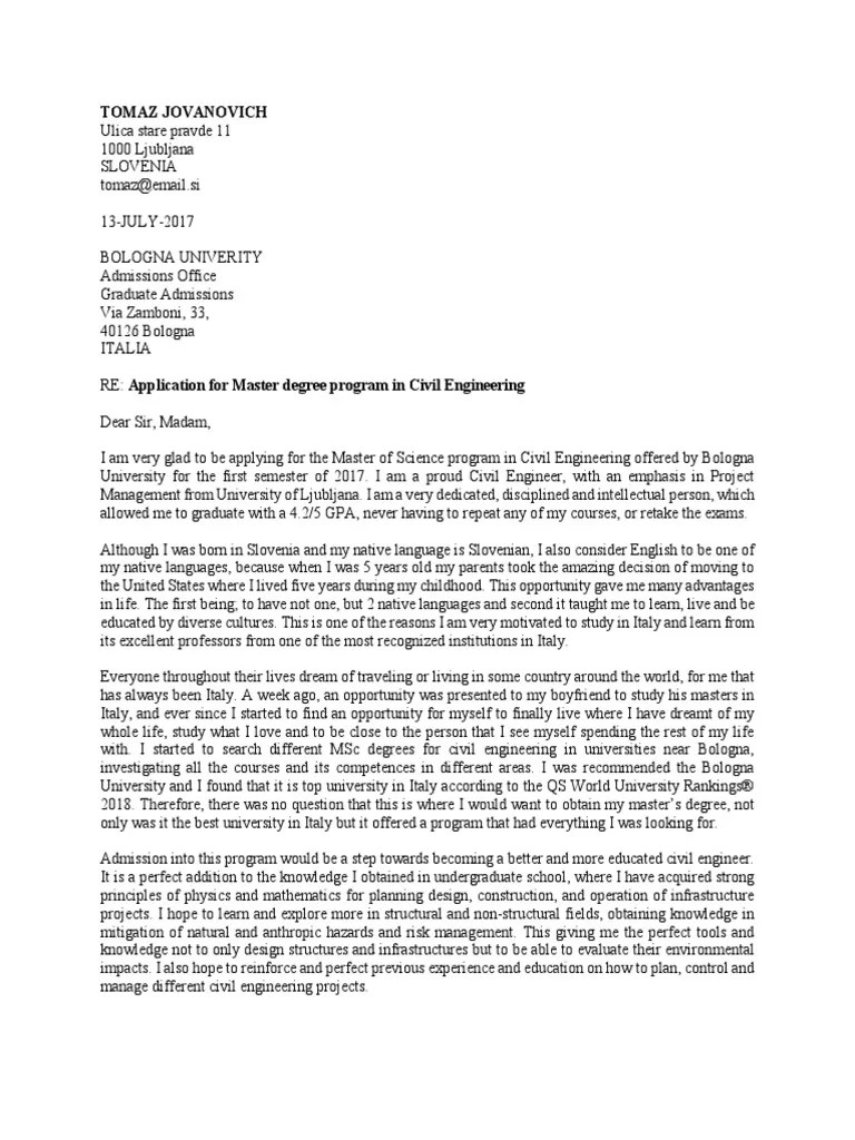 Sample Motivation Letter for Masters Degree Civil Engineering