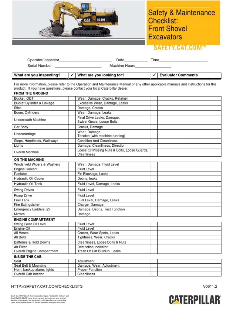 Safety & Maintenance Checklist Front Shovel Excavators What are you