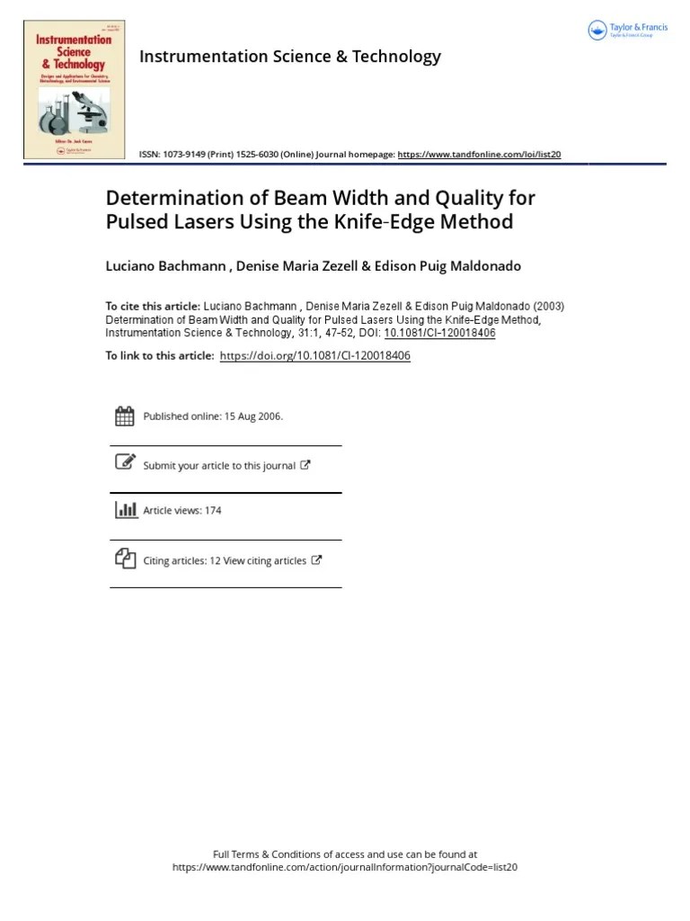 Determination of Beam Width and Quality For Pulsed Lasers Using The Knife Edge Method PDF