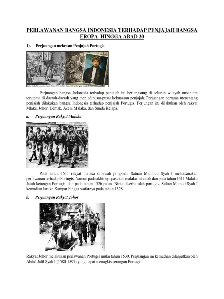 Perlawanan Bangsa Indonesia Terhadap Penjajah Bangsa Eropa Hingga Abad 20 |  PDF
