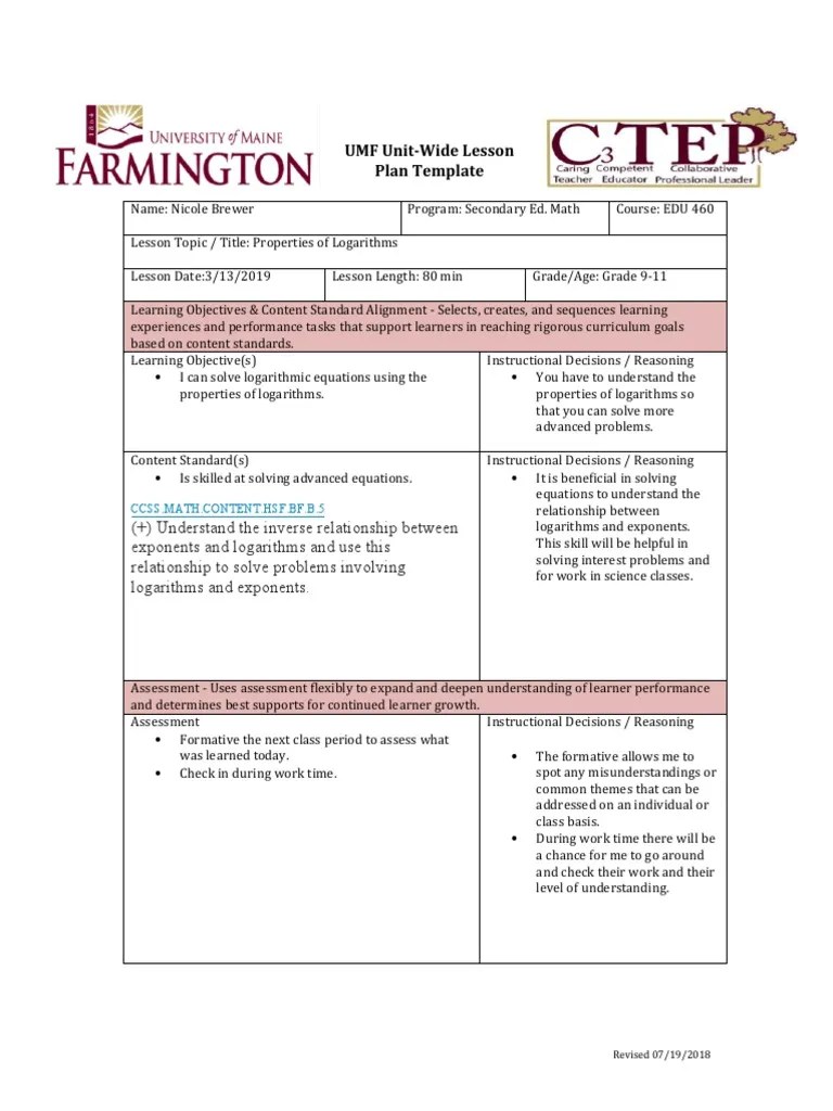UMF UnitWide Lesson Plan Template PDF Sat Curriculum