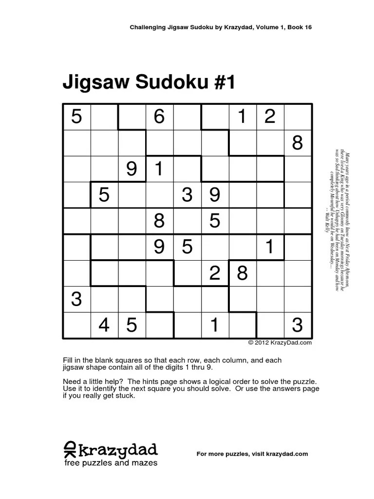 Challenging Jigsaw Sudoku by Krazydad, Volume 1, Book 16 PDF Puzzles Recreational Mathematics