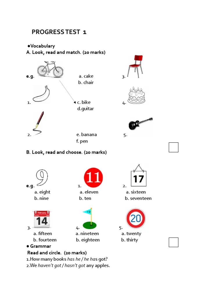 Progress Test: Vocabulary A. Look, Read and Match. (20 Marks) | PDF