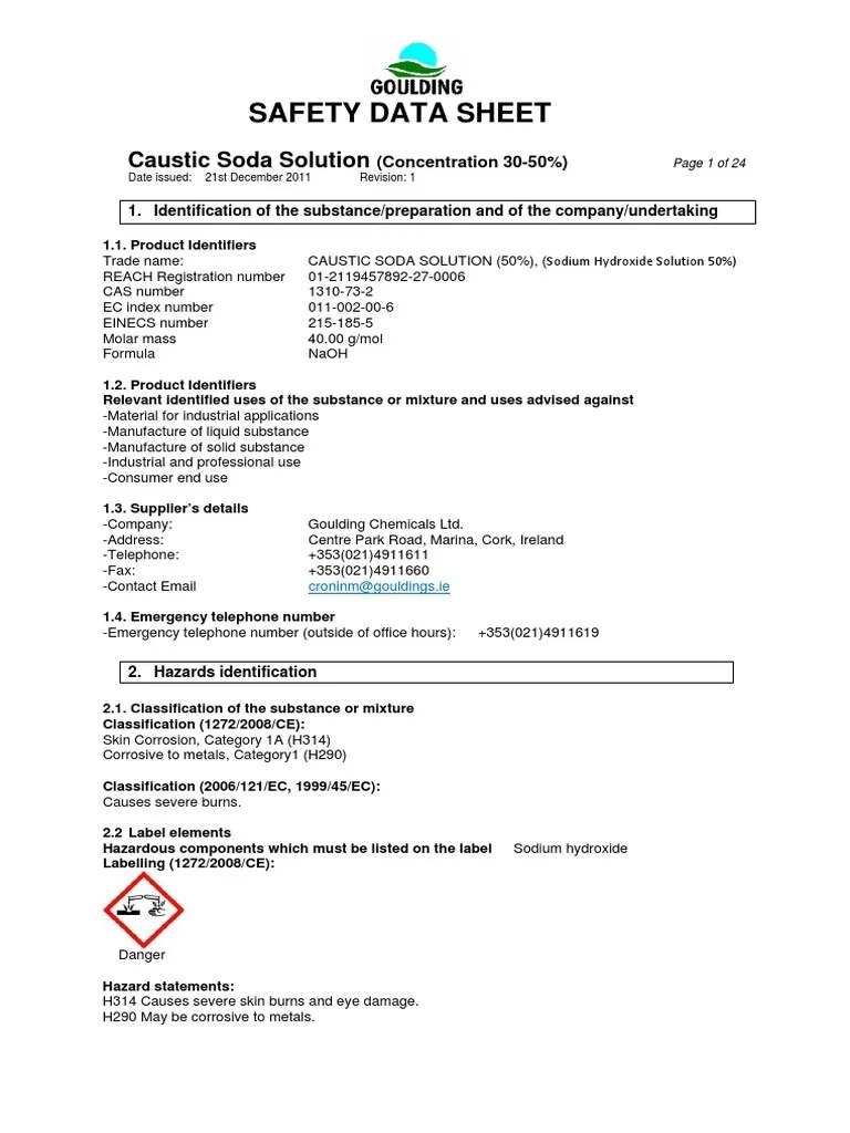 SDS Caustic Soda Solution PDF Sodium Hydroxide Dangerous Goods