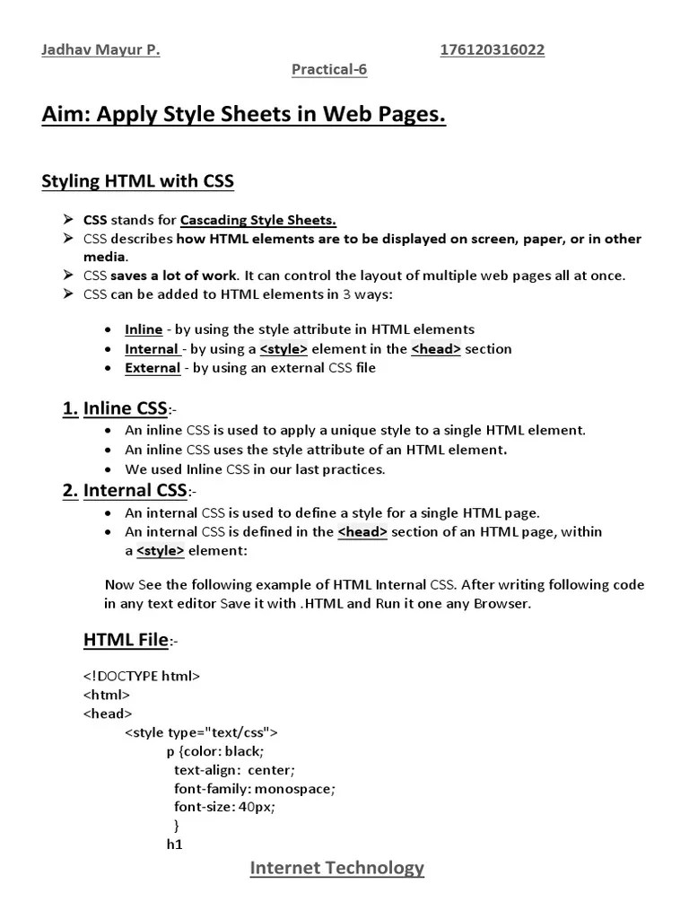 Aim Apply Style Sheets in  Pages. Styling HTML With CSS PDF