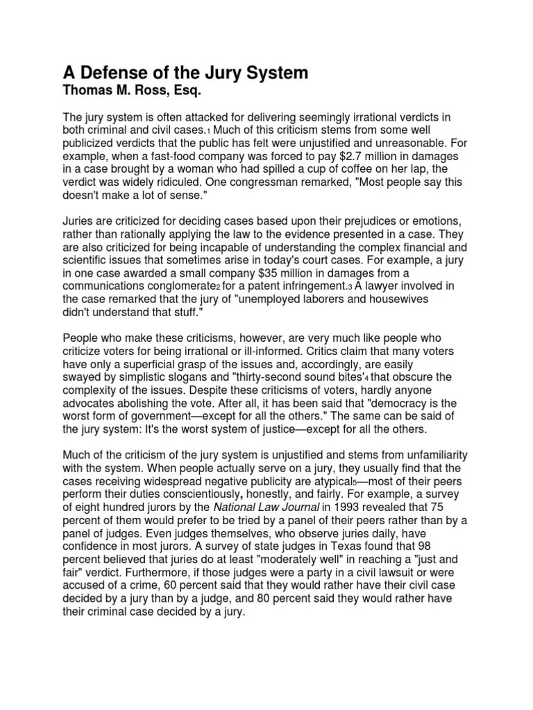 A Defense of The Jury System PDF Jury Trial Verdict