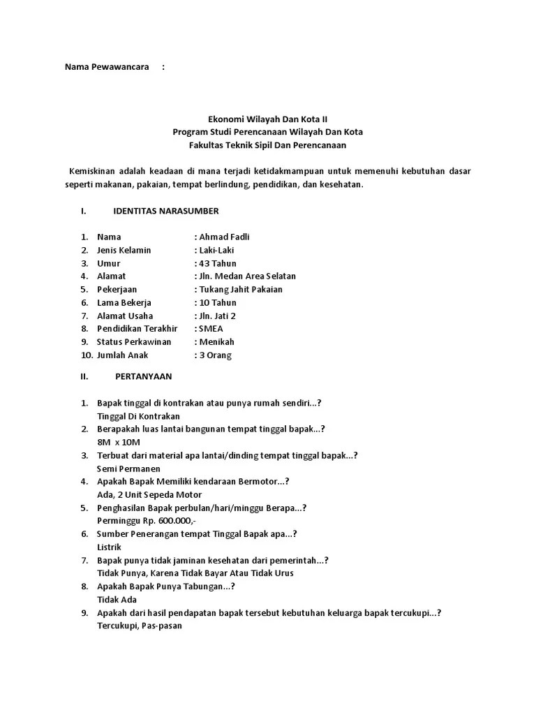 Contoh Kuisioner Sederhana Kemiskinan | PDF
