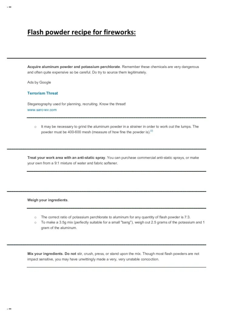 Flash Powder Recipe For Fireworks PDF Gunpowder Chemistry