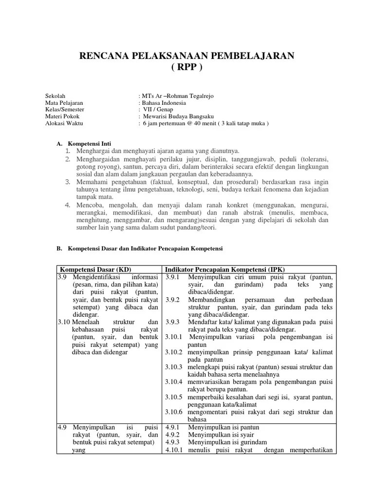 Rpp Menelaah Struktur Dan Kebahasaan Puisi Rakyat KT Puisi