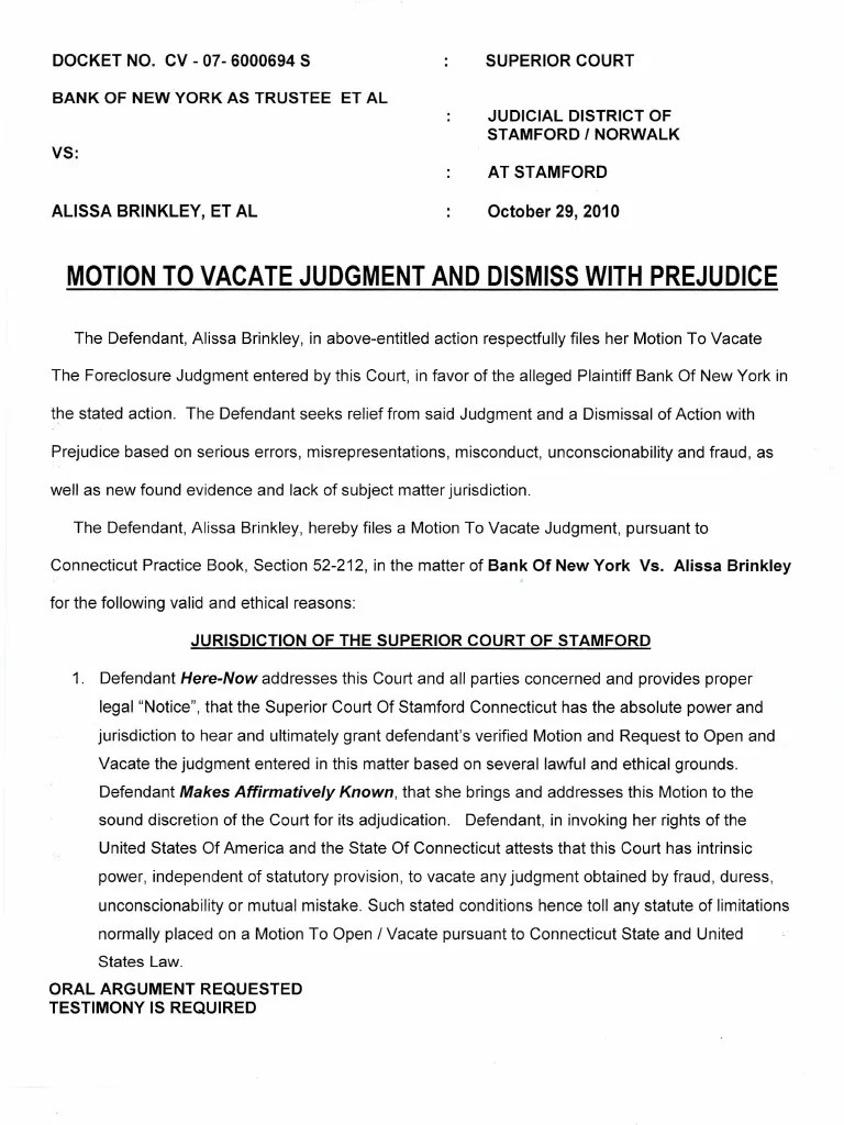 Motion To Vacate Judgment (Alissa Brinkley) | PDF | Foreclosure