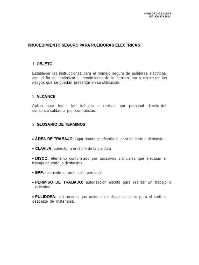 Procedimiento Pulidora | PDF | Herramientas | Bienes manufacturados