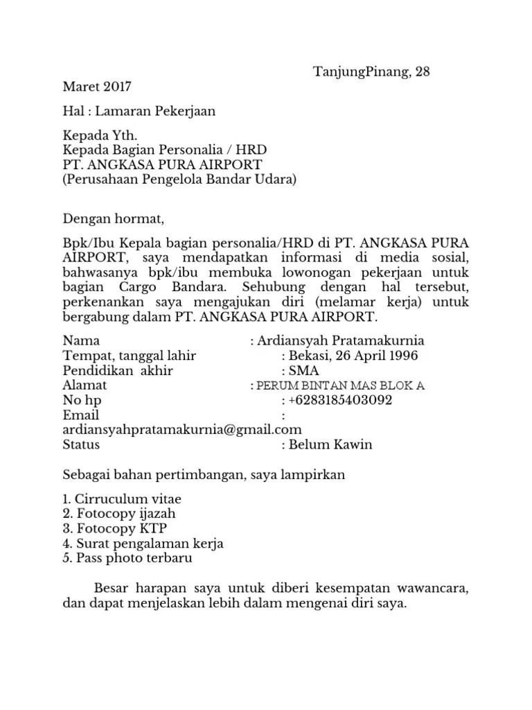 Lihat contoh surat ditujukan untuk pt angkasa pura hotel no. 23 12 Contoh Surat Lamaran Kerja Pt Angkasa Pura Airports