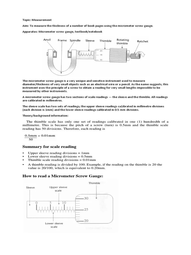 Measuring Thickness Using a Micrometer Screw Gauge An Experiment to
