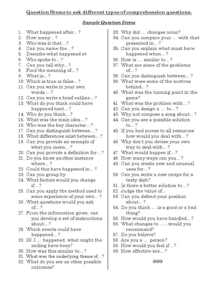 Question Stems To Ask Different Types of Comprehension Questions PDF