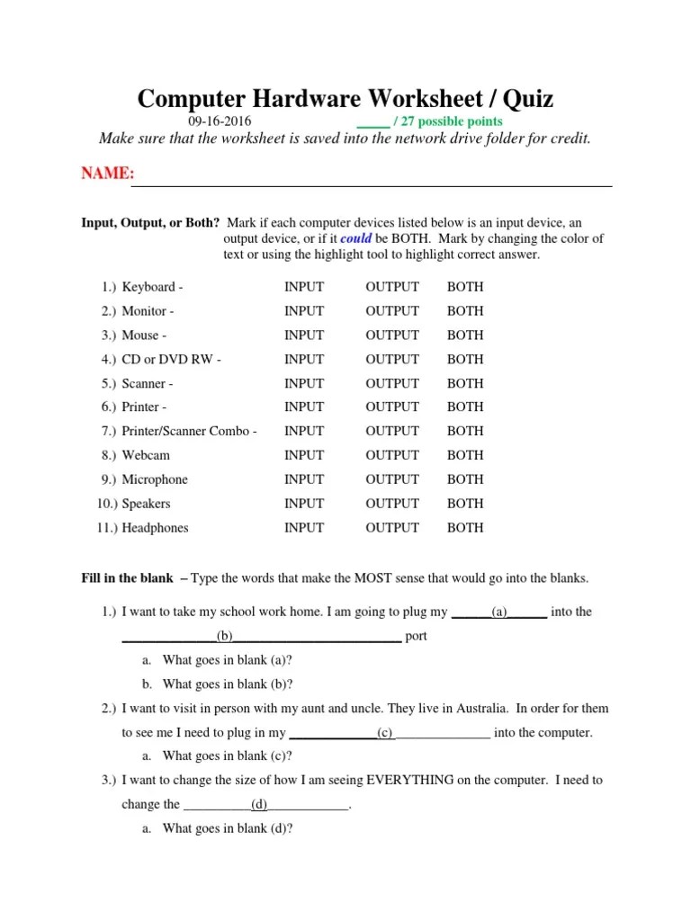 Computer Hardware Worksheet / Quiz Make Sure That The Worksheet Is