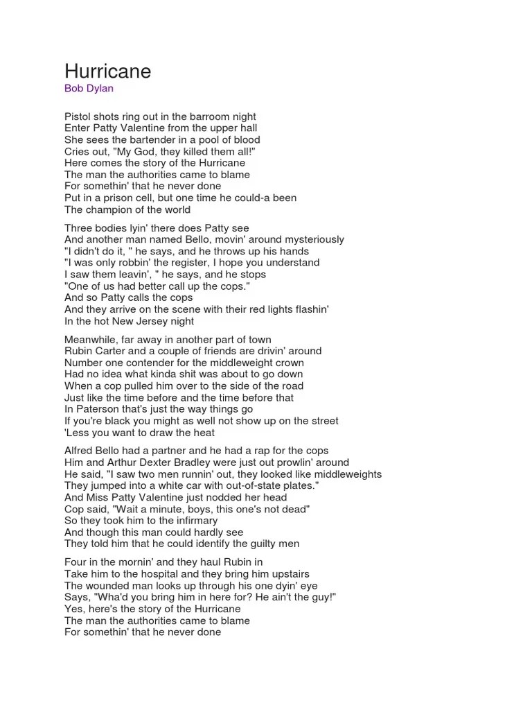 Bob Dylan Hurricane Lyrics PDF Violence