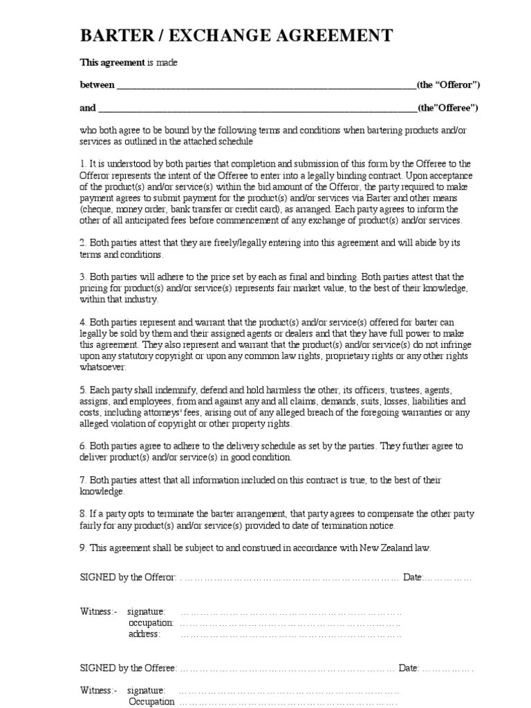 Barter Exchange Agreement Offer And Acceptance Payments