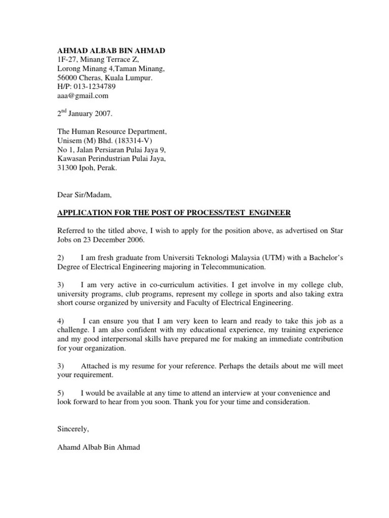 Awali cover letter dengan menyatakan rasa ketertarikanmu kepada perusahaan yang kamu lamar.setelah itu, kamu bisa menuliskan kemampuan atau skill yang kamu miliki. Contoh Cover Letter n Resume | Telecommunication ...