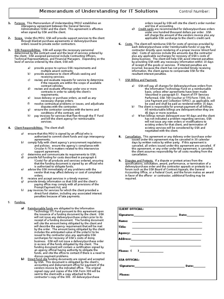 Mou Sample Template General Services Administration Invoice