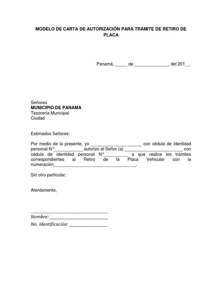 Modelo De Carta De Autorización Para Trámite De Retiro De Placa