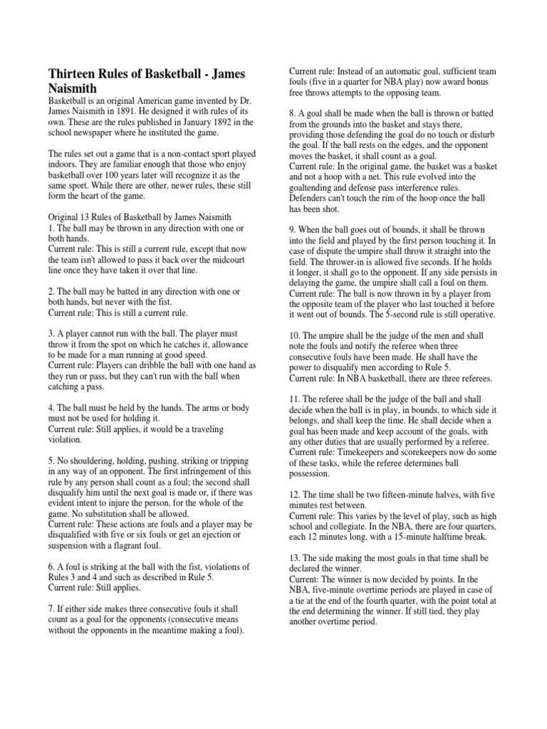 Thirteen Rules of Basketball James Naismith PDF Referee Ball Games