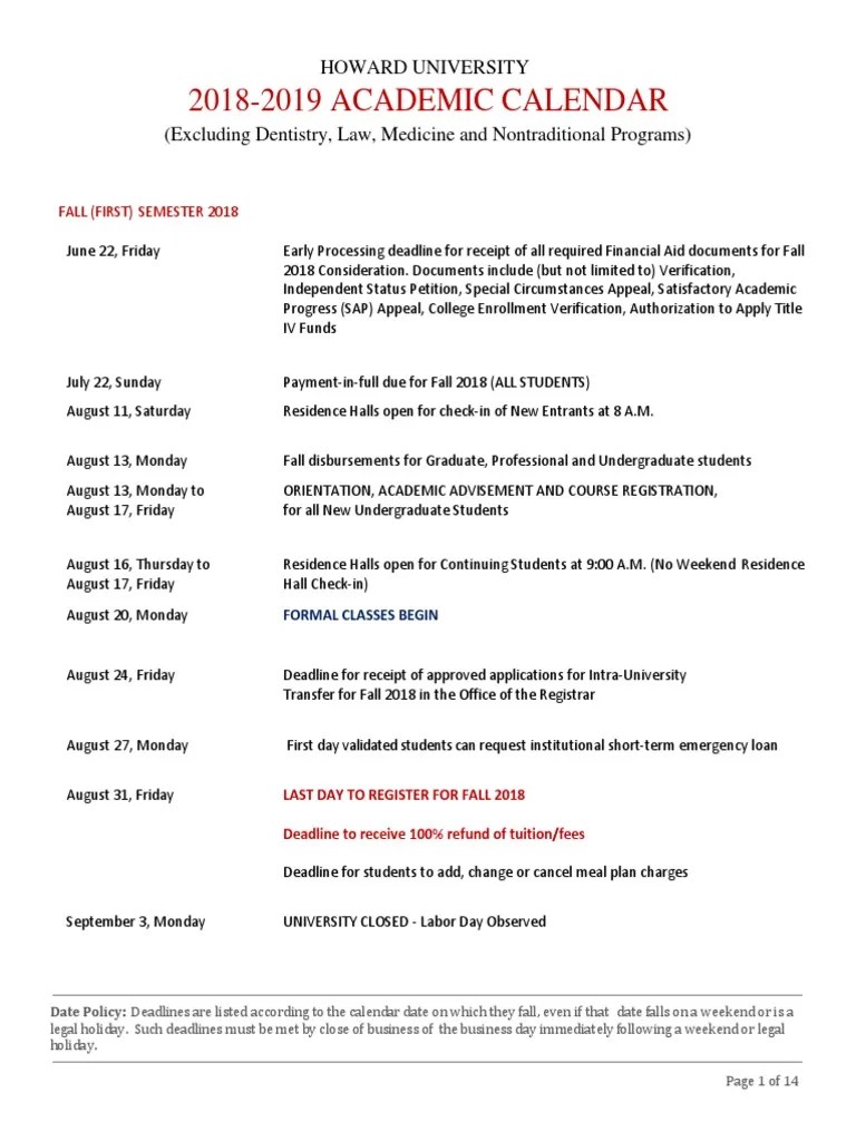 Howard University 20182019 Calendar PDF Academic Term Tuition(06)