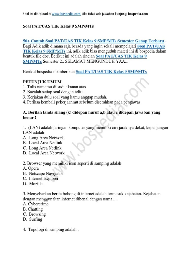 50+ Contoh Soal PAT UAS TIK Kelas 9 SMP MTs Semester Genap