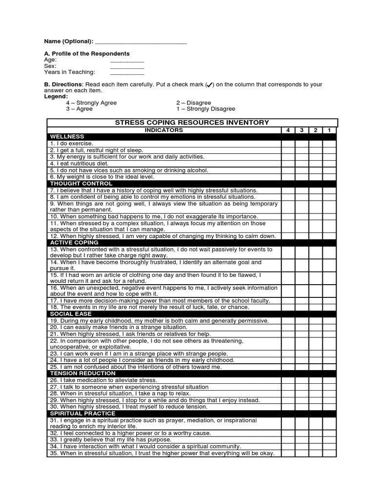 Stress Coping Survey Questionnaire Coping (Psychology) Stress (Biology)