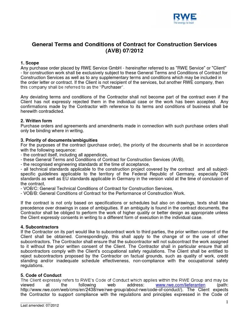 General Terms and Conditions of Contract for Construction Services (AVB