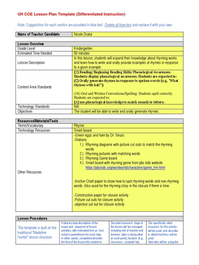 Name of Teacher Candidate Lesson Overview UH COE Lesson Plan Template (Differentiated