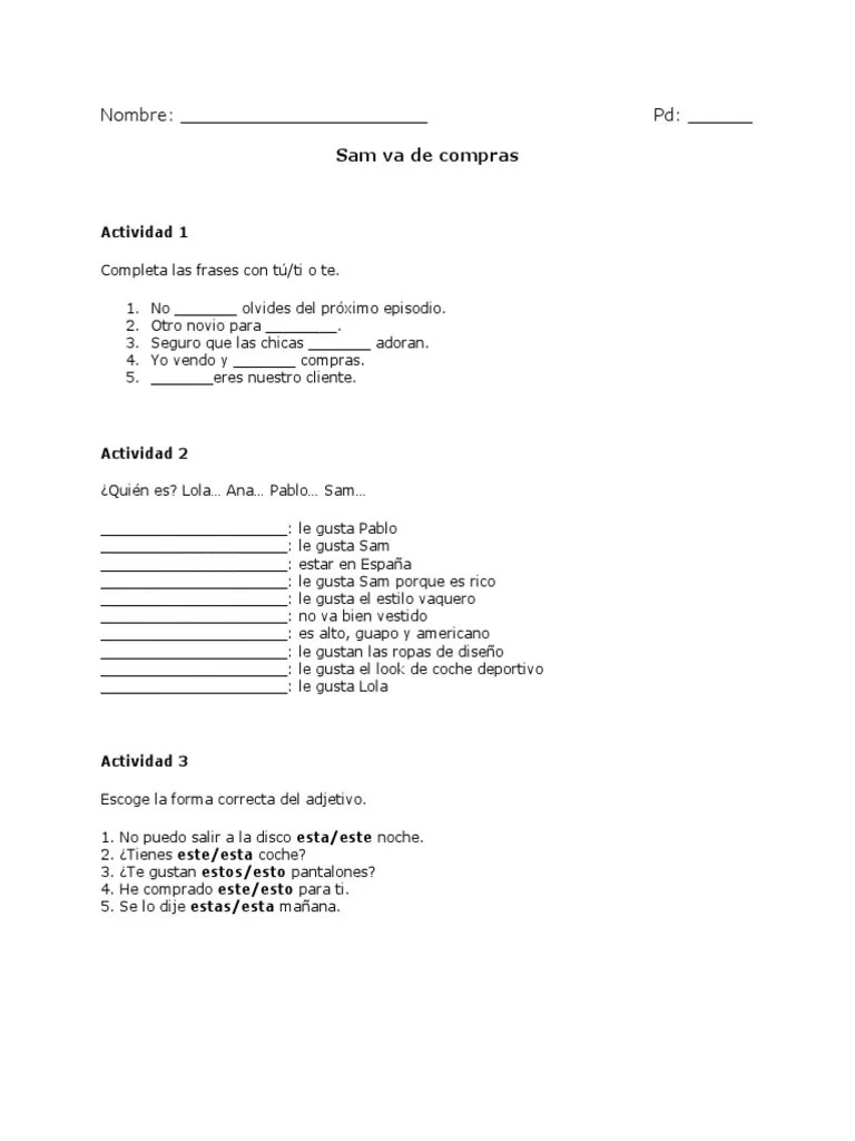 Sam Va de Compras Questions PDF