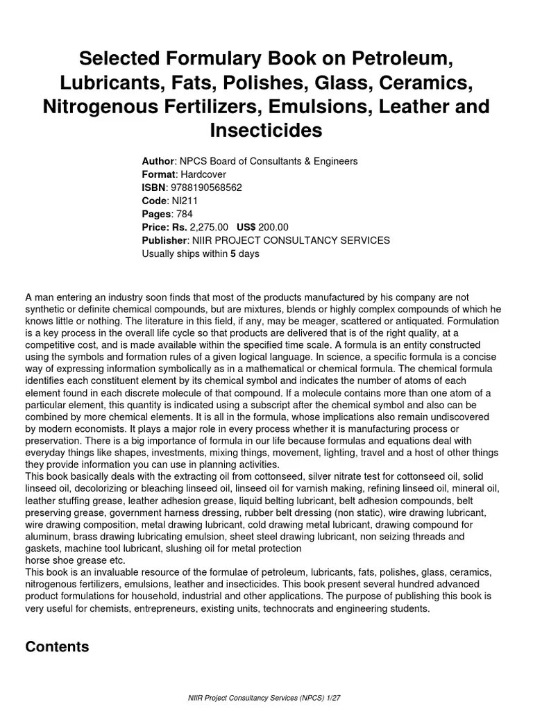 Selected Formulary Book On Petroleum, Lubricants, Fats, Polishes, Glass, Ceramics, Nitrogenous
