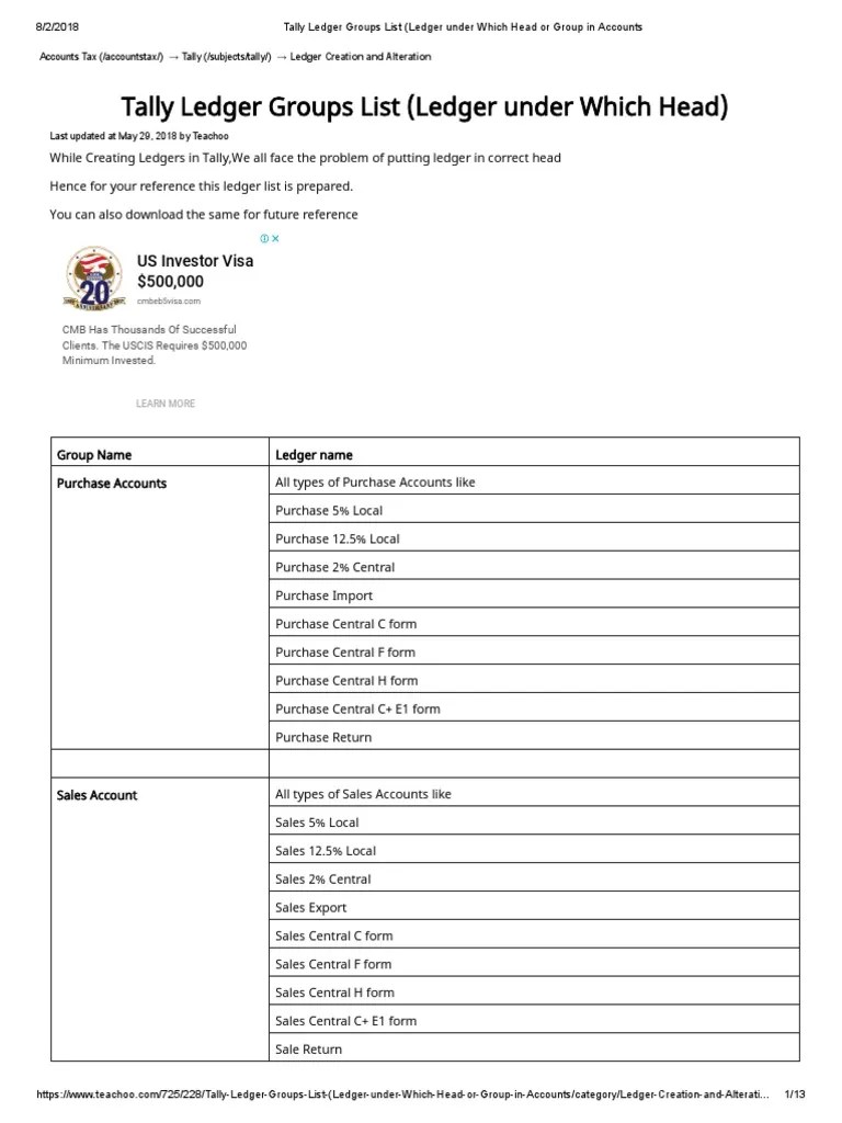Tally Ledger Groups List (Ledger Under Which Head or Group in Accounts PDF PDF Expense Loans