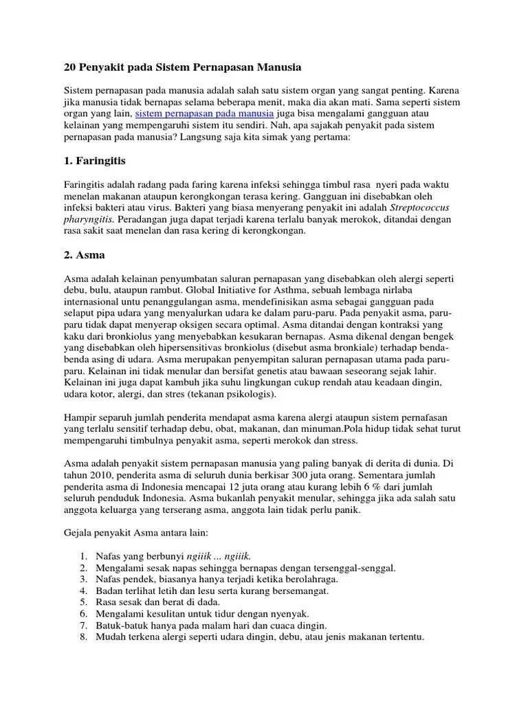 20 Penyakit Pada Sistem Pernapasan Manusia | PDF